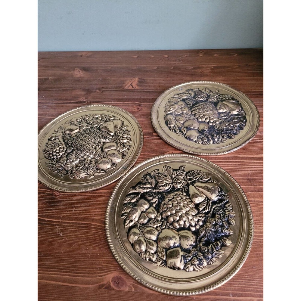 Vintage Brass Fruit Embossed Wall Decor Hanging Round Elpec England set of 3